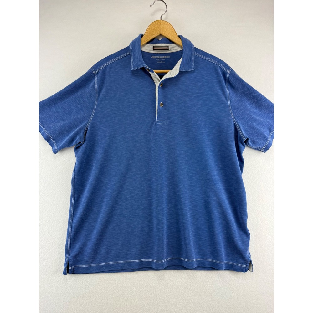 Johnston & Murphy Polo Shirt Mens Large Blue Short Sleeve Slub Knit Casual